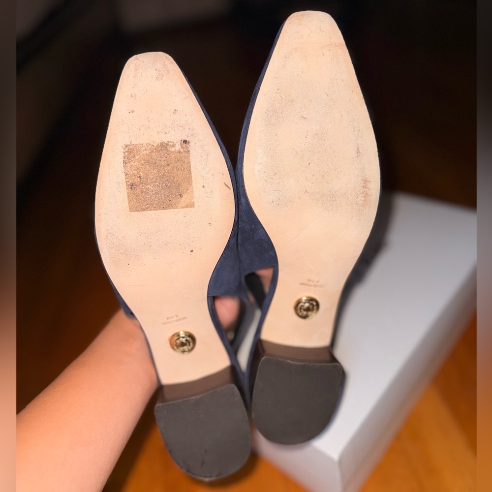 VERONICA BEARD Casie Slingback Pump in Navy Blue Suede with a Gold-Tone Buckle - Picture 9 of 13